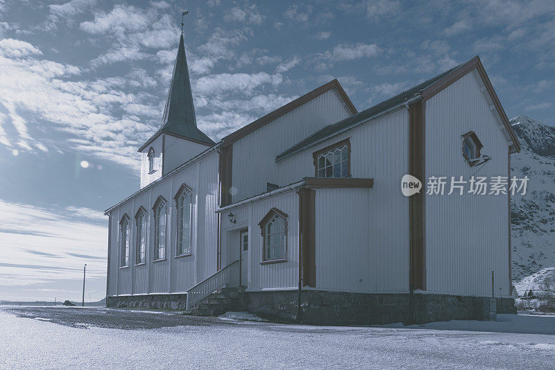 Valberg Church in Vestvågøy in the loften Archipelago in Norway during winter